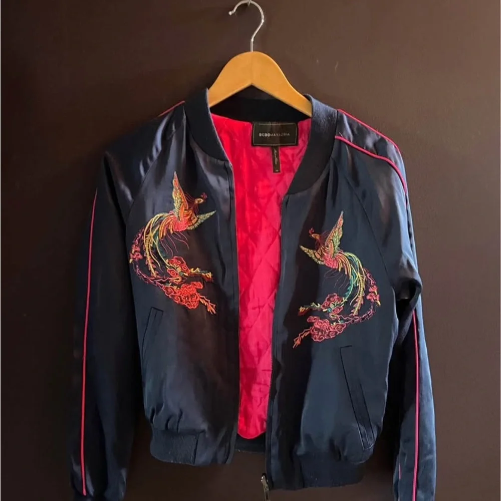 BCBGMaxAzria Navy Bomber Jacket with Colorful Embroidery - Picture 1 of 4